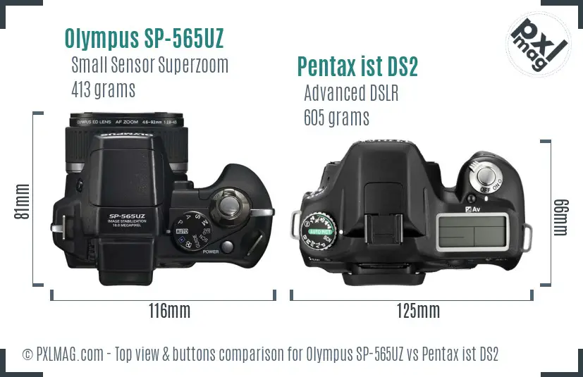 Olympus SP-565UZ vs Pentax ist DS2 top view buttons comparison