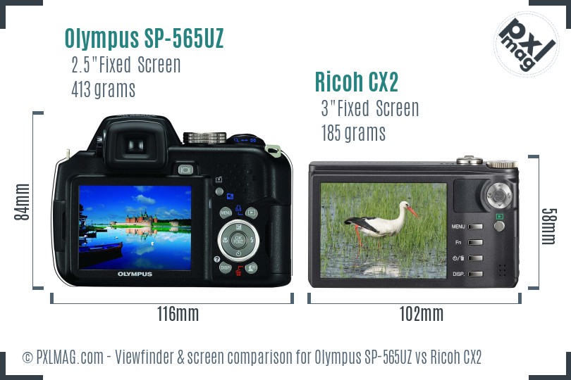 Olympus SP-565UZ vs Ricoh CX2 Screen and Viewfinder comparison