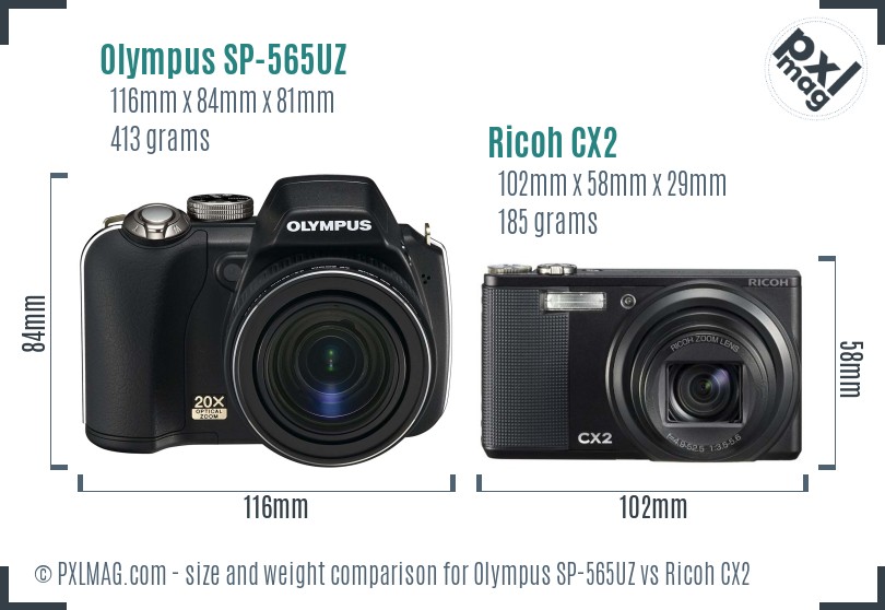 Olympus SP-565UZ vs Ricoh CX2 size comparison Olympus SP-565UZ vs Ricoh CX2 size comparison