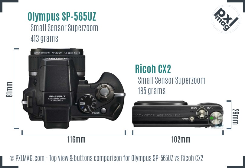Olympus SP-565UZ vs Ricoh CX2 top view buttons comparison