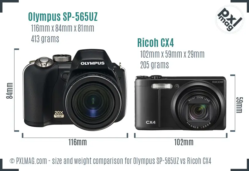 Olympus SP-565UZ vs Ricoh CX4 size comparison Olympus SP-565UZ vs Ricoh CX4 size comparison