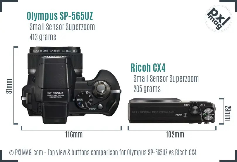 Olympus SP-565UZ vs Ricoh CX4 top view buttons comparison Olympus SP-565UZ vs Ricoh CX4 top view buttons comparison