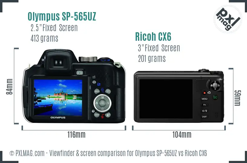 Olympus SP-565UZ vs Ricoh CX6 Screen and Viewfinder comparison