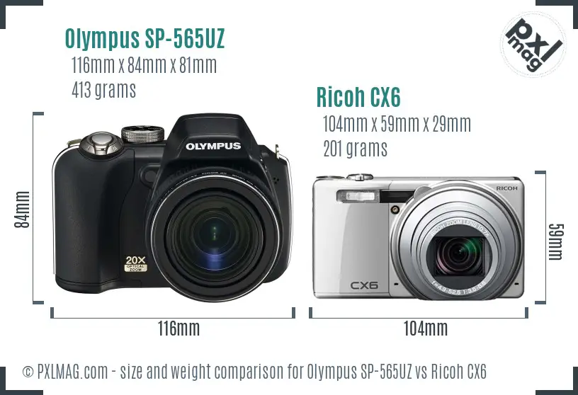 Olympus SP-565UZ vs Ricoh CX6 size comparison
