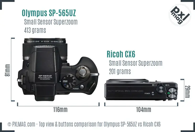 Olympus SP-565UZ vs Ricoh CX6 top view buttons comparison