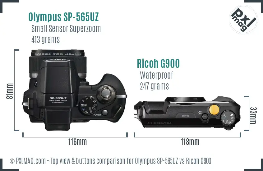 Olympus SP-565UZ vs Ricoh G900 top view buttons comparison