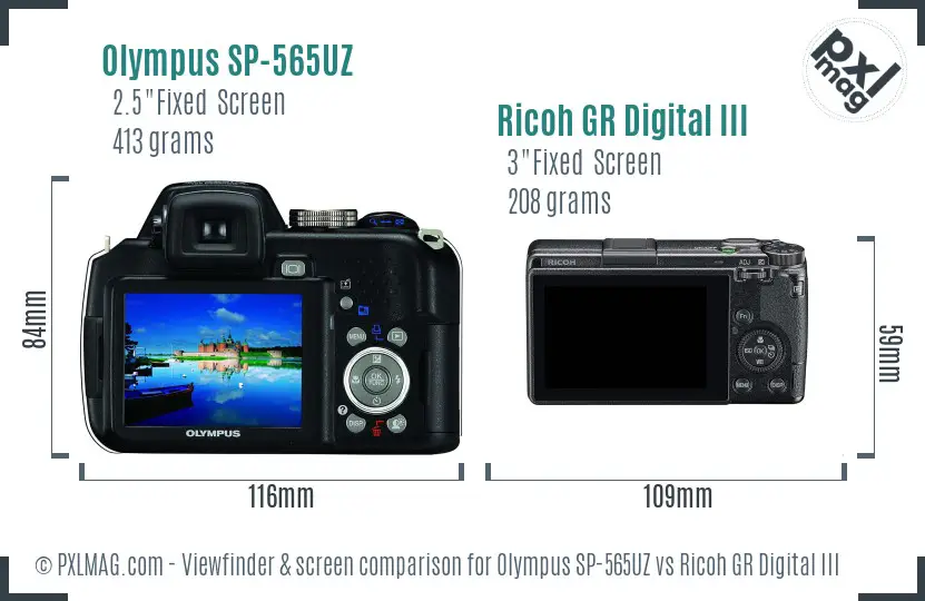 Olympus SP-565UZ vs Ricoh GR Digital III Screen and Viewfinder comparison