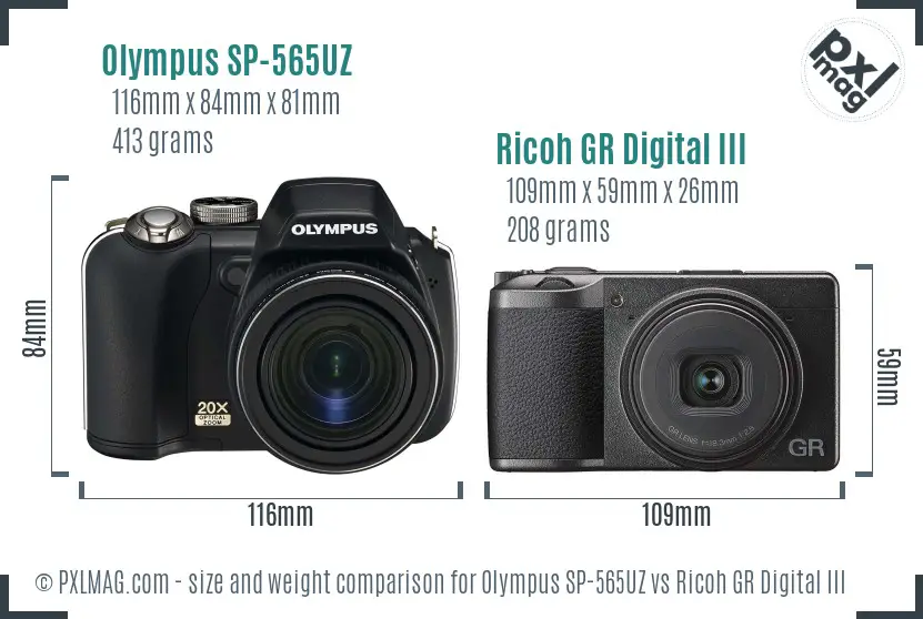 Olympus SP-565UZ vs Ricoh GR Digital III size comparison