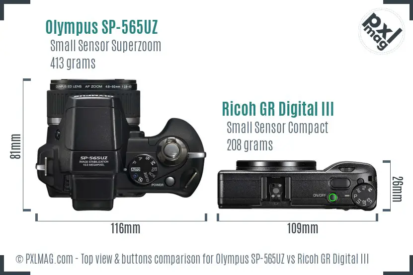 Olympus SP-565UZ vs Ricoh GR Digital III top view buttons comparison