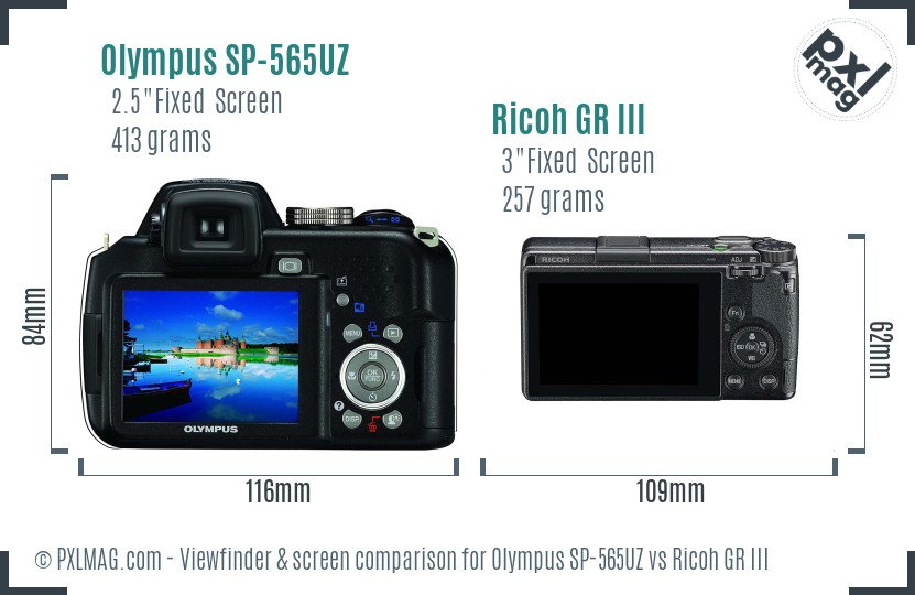 Olympus SP-565UZ vs Ricoh GR III Screen and Viewfinder comparison
