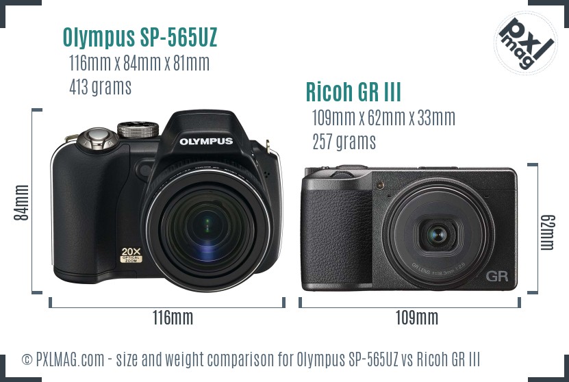 Olympus SP-565UZ vs Ricoh GR III size comparison Olympus SP-565UZ vs Ricoh GR III size comparison