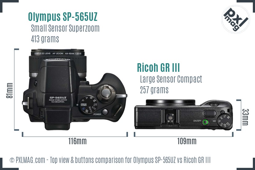 Olympus SP-565UZ vs Ricoh GR III top view buttons comparison