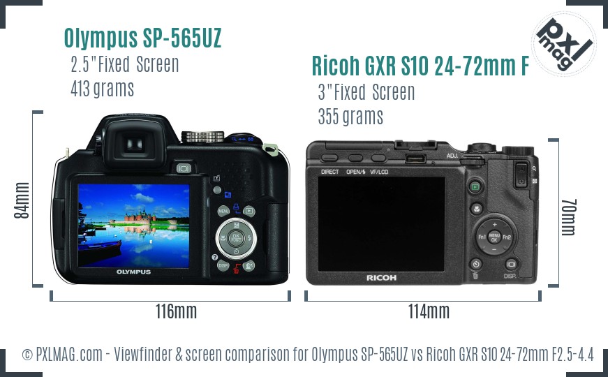 Olympus SP-565UZ vs Ricoh GXR S10 24-72mm F2.5-4.4 VC Screen and Viewfinder comparison