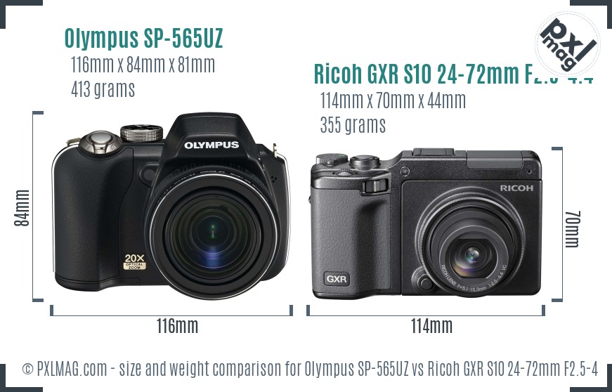 Olympus SP-565UZ vs Ricoh GXR S10 24-72mm F2.5-4.4 VC size comparison