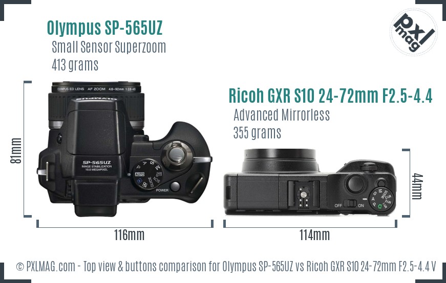 Olympus SP-565UZ vs Ricoh GXR S10 24-72mm F2.5-4.4 VC top view buttons comparison