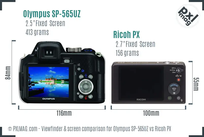 Olympus SP-565UZ vs Ricoh PX Screen and Viewfinder comparison