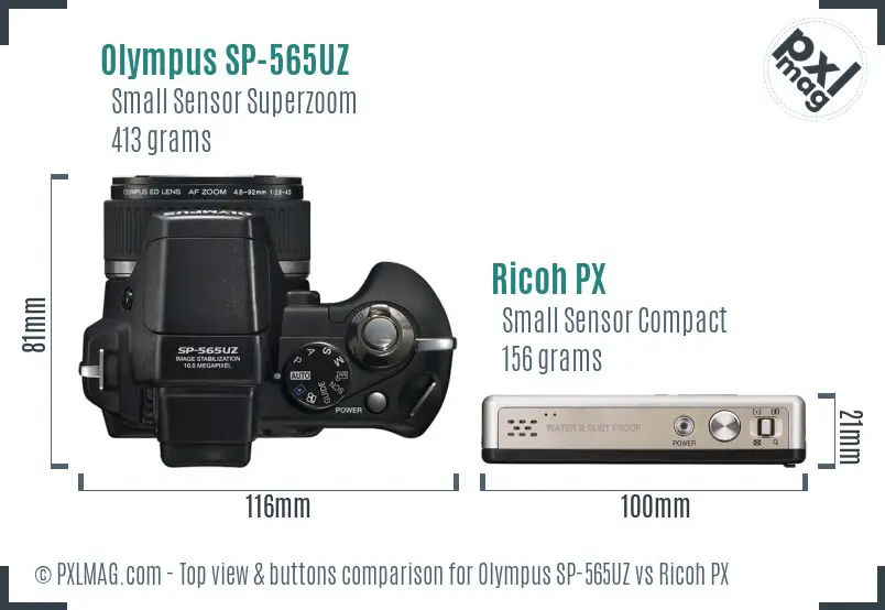 Olympus SP-565UZ vs Ricoh PX top view buttons comparison