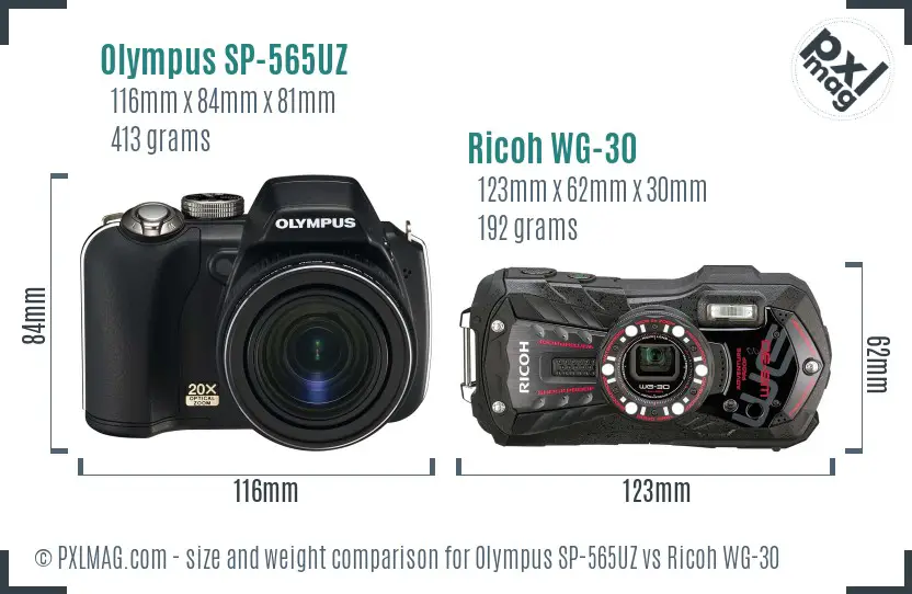 Olympus SP-565UZ vs Ricoh WG-30 size comparison