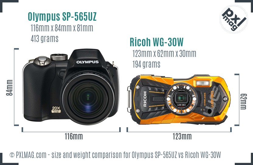 Olympus SP-565UZ vs Ricoh WG-30W size comparison