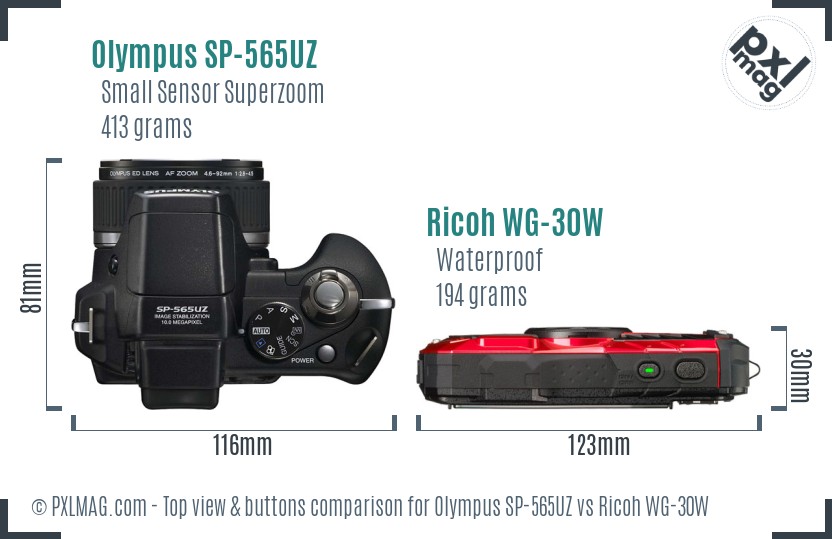 Olympus SP-565UZ vs Ricoh WG-30W top view buttons comparison