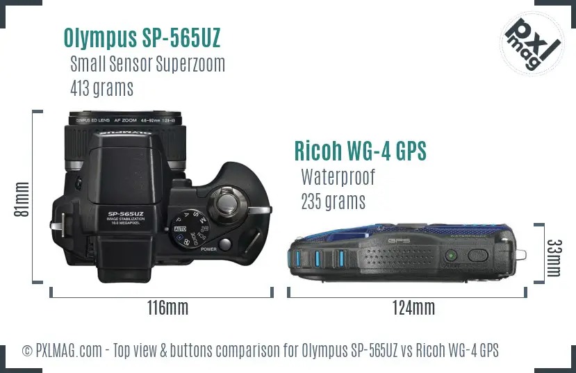 Olympus SP-565UZ vs Ricoh WG-4 GPS top view buttons comparison Olympus SP-565UZ vs Ricoh WG-4 GPS top view buttons comparison