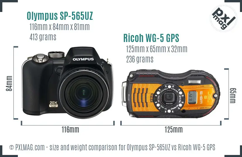 Olympus SP-565UZ vs Ricoh WG-5 GPS size comparison