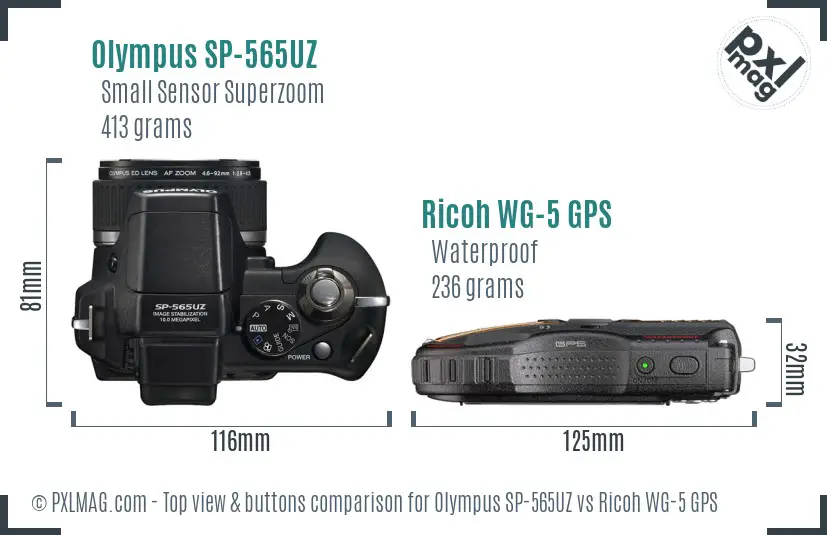 Olympus SP-565UZ vs Ricoh WG-5 GPS top view buttons comparison