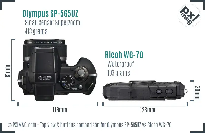 Olympus SP-565UZ vs Ricoh WG-70 top view buttons comparison