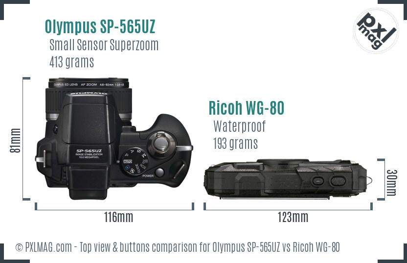Olympus SP-565UZ vs Ricoh WG-80 top view buttons comparison