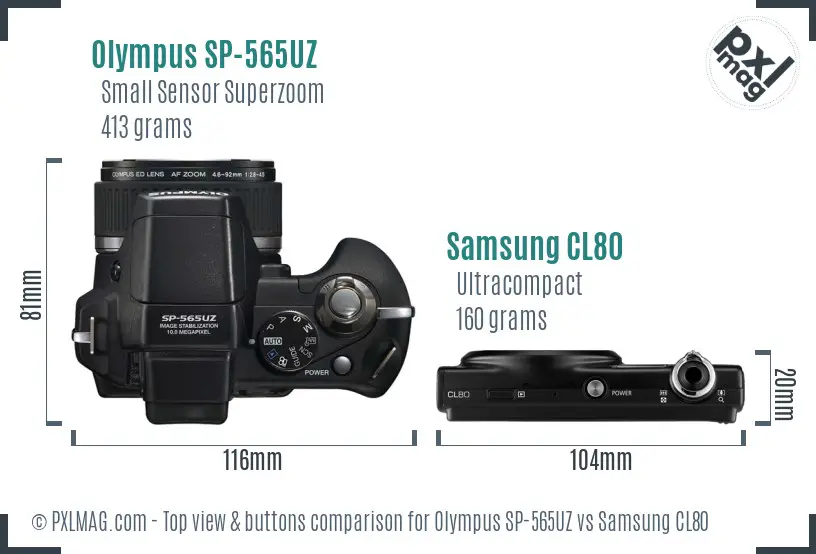 Olympus SP-565UZ vs Samsung CL80 top view buttons comparison Olympus SP-565UZ vs Samsung CL80 top view buttons comparison