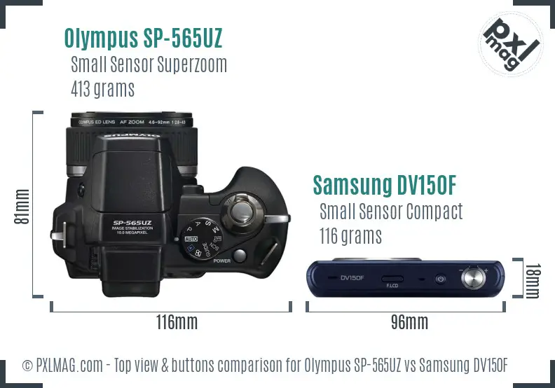 Olympus SP-565UZ vs Samsung DV150F top view buttons comparison Olympus SP-565UZ vs Samsung DV150F top view buttons comparison