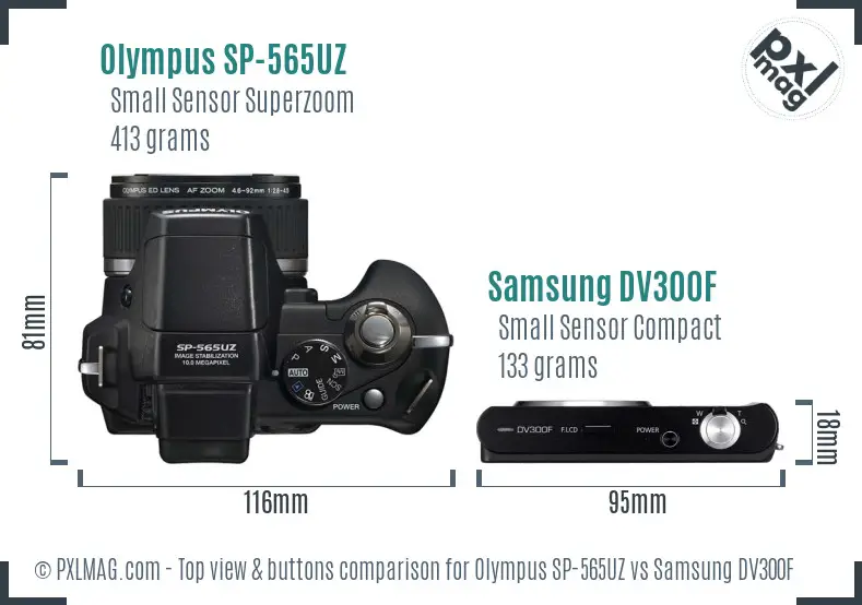 Olympus SP-565UZ vs Samsung DV300F top view buttons comparison