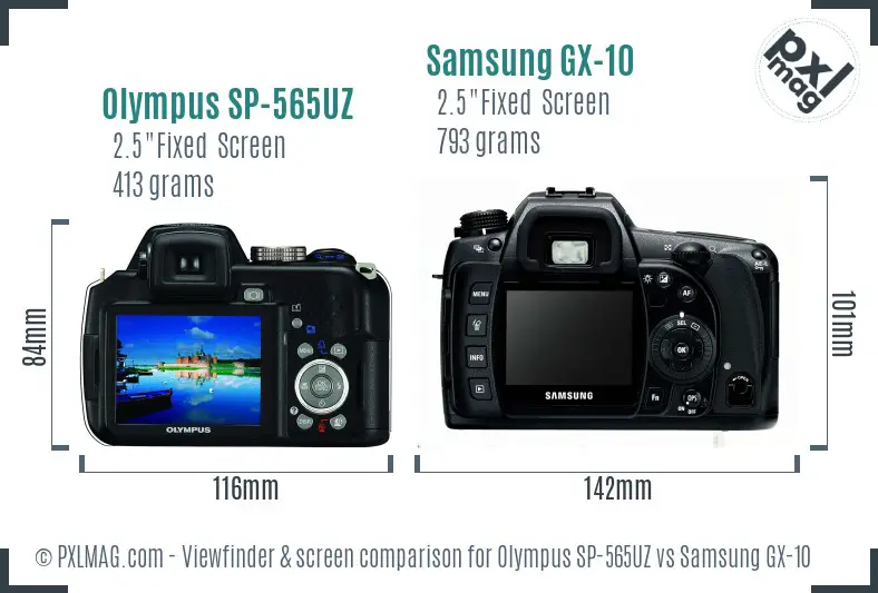 Olympus SP-565UZ vs Samsung GX-10 Screen and Viewfinder comparison