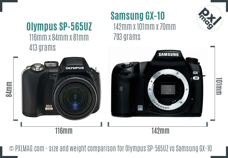 Olympus SP-565UZ vs Samsung GX-10 size comparison