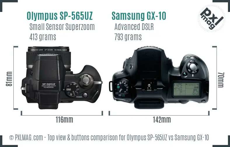 Olympus SP-565UZ vs Samsung GX-10 top view buttons comparison