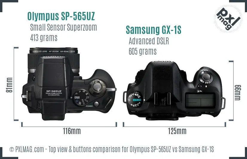 Olympus SP-565UZ vs Samsung GX-1S top view buttons comparison Olympus SP-565UZ vs Samsung GX-1S top view buttons comparison