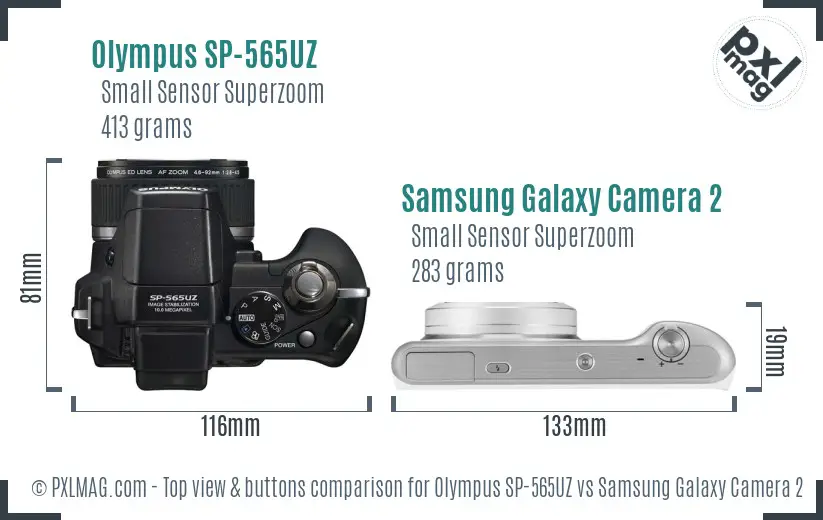 Olympus SP-565UZ vs Samsung Galaxy Camera 2 top view buttons comparison