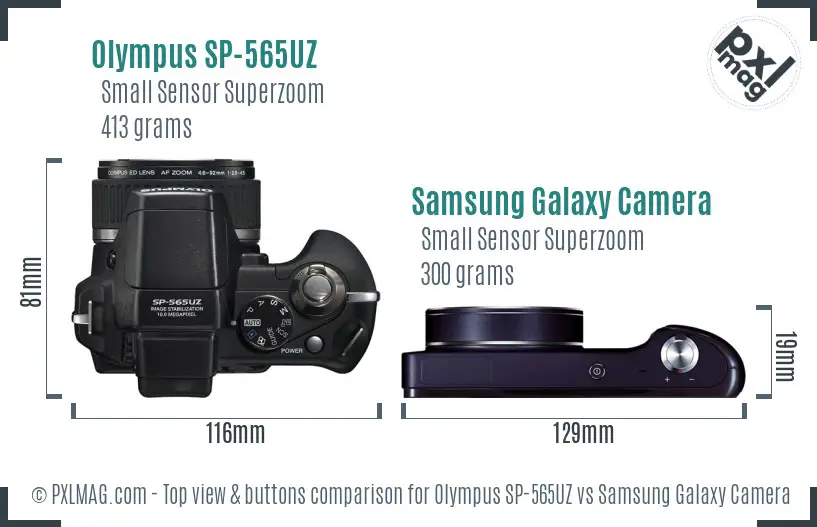 Olympus SP-565UZ vs Samsung Galaxy Camera top view buttons comparison Olympus SP-565UZ vs Samsung Galaxy Camera top view buttons comparison