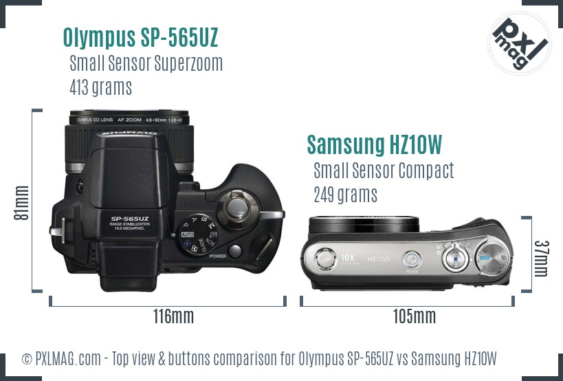 Olympus SP-565UZ vs Samsung HZ10W top view buttons comparison