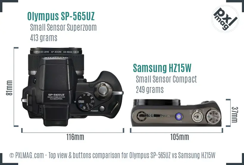 Olympus SP-565UZ vs Samsung HZ15W top view buttons comparison