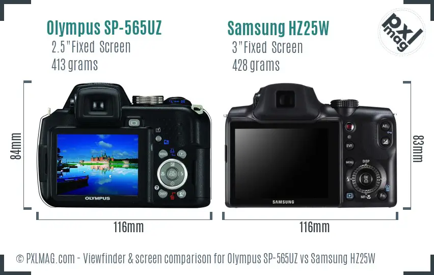 Olympus SP-565UZ vs Samsung HZ25W Screen and Viewfinder comparison