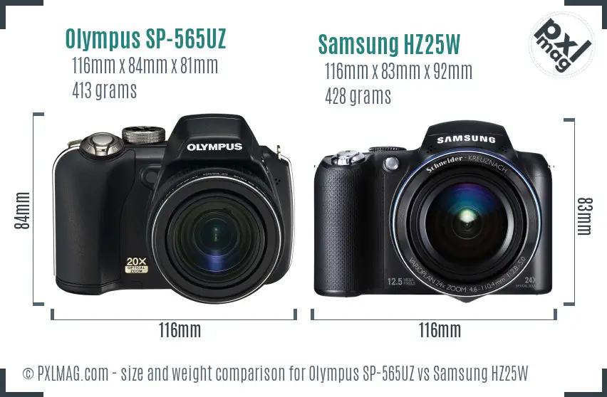 Olympus SP-565UZ vs Samsung HZ25W size comparison