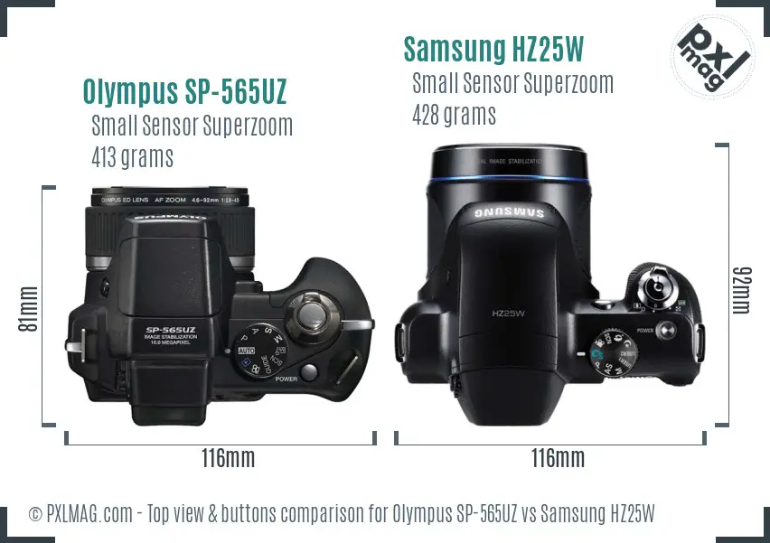 Olympus SP-565UZ vs Samsung HZ25W top view buttons comparison