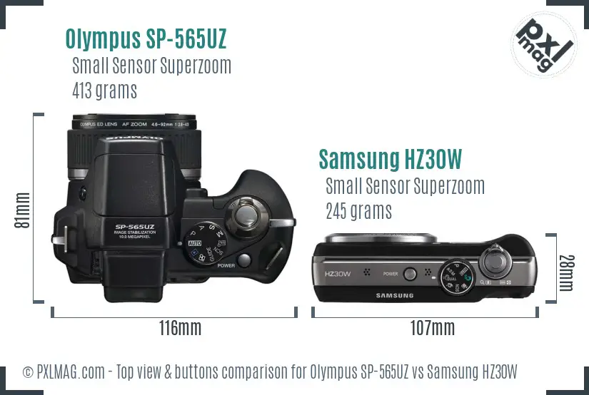 Olympus SP-565UZ vs Samsung HZ30W top view buttons comparison Olympus SP-565UZ vs Samsung HZ30W top view buttons comparison