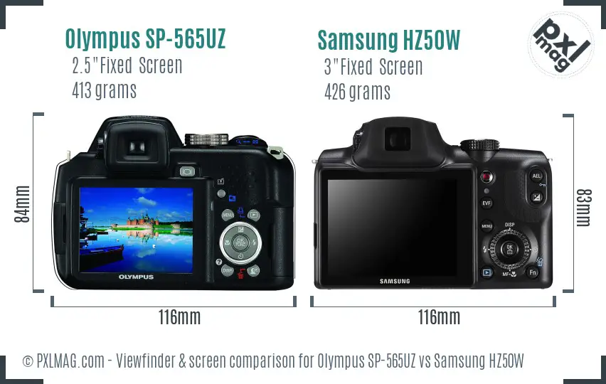 Olympus SP-565UZ vs Samsung HZ50W Screen and Viewfinder comparison