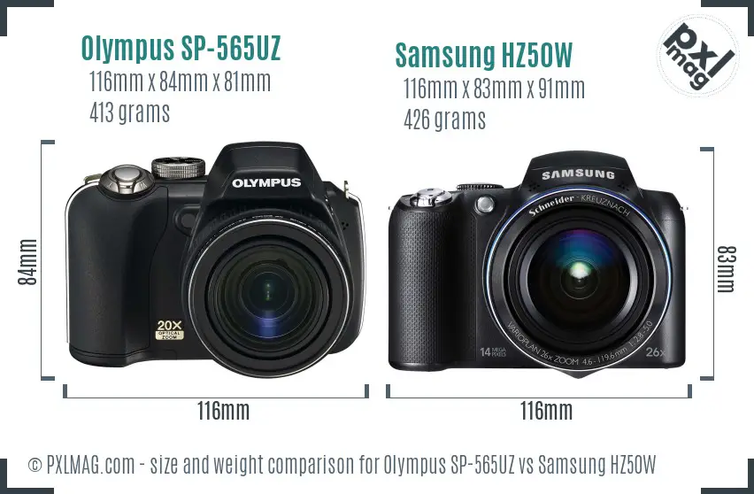 Olympus SP-565UZ vs Samsung HZ50W size comparison