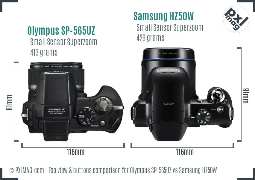 Olympus SP-565UZ vs Samsung HZ50W top view buttons comparison