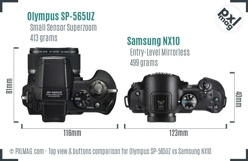 Olympus SP-565UZ vs Samsung NX10 top view buttons comparison