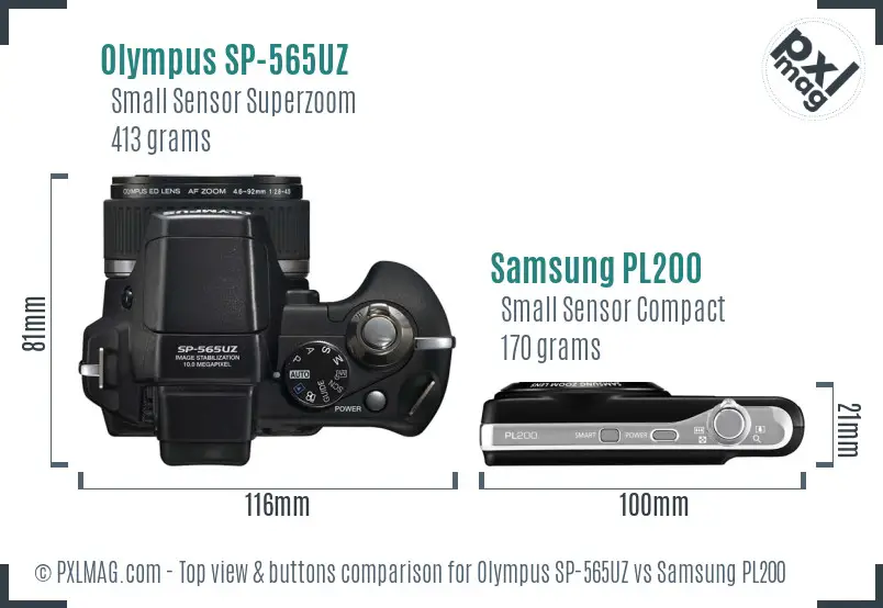 Olympus SP-565UZ vs Samsung PL200 top view buttons comparison