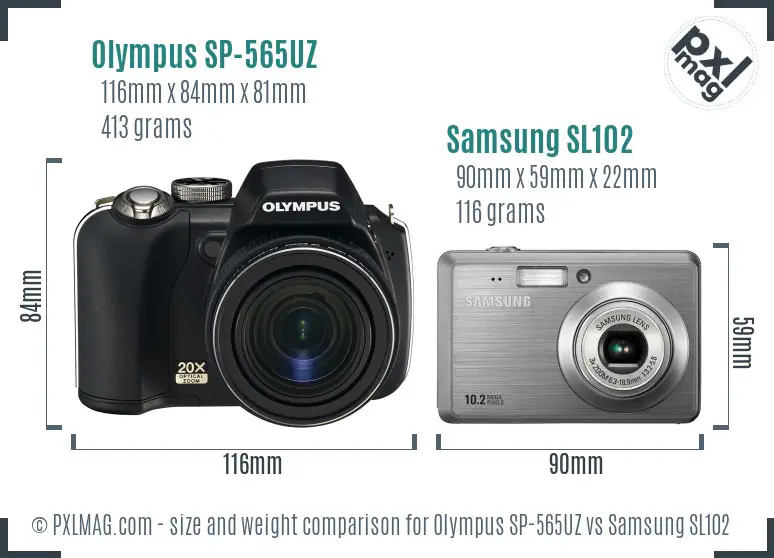 Olympus SP-565UZ vs Samsung SL102 size comparison